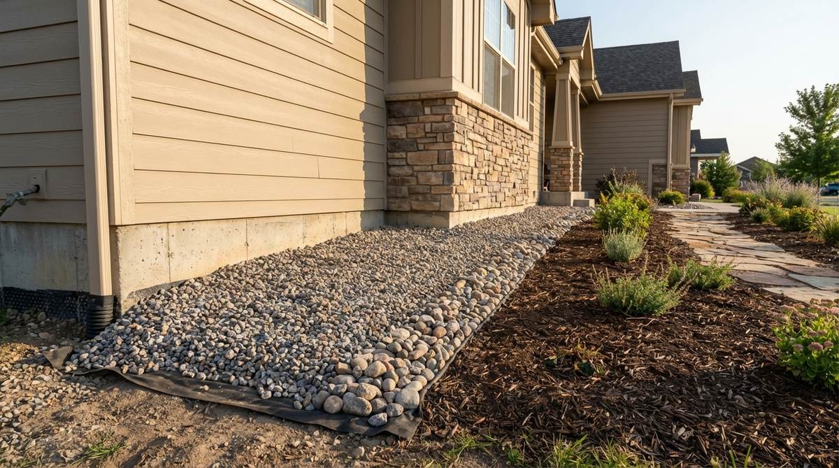 A gravel band around a house foundation showing proper installation with landscape fabric and slope for drainage, preventing moisture issues and foundation damage.