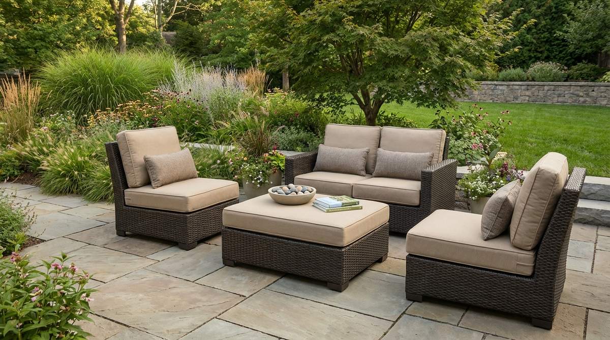 Modern garden furniture featuring a four-piece deep seating set with ottoman table. Includes two lounge chairs and a loveseat surrounding a central ottoman that functions as a coffee table. Features 28-inch deep seats for relaxed posture, adjustable lumbar pillows, solution-dyed acrylic cushions that resist fading, and durable resin wicker construction that withstands full sun exposure.