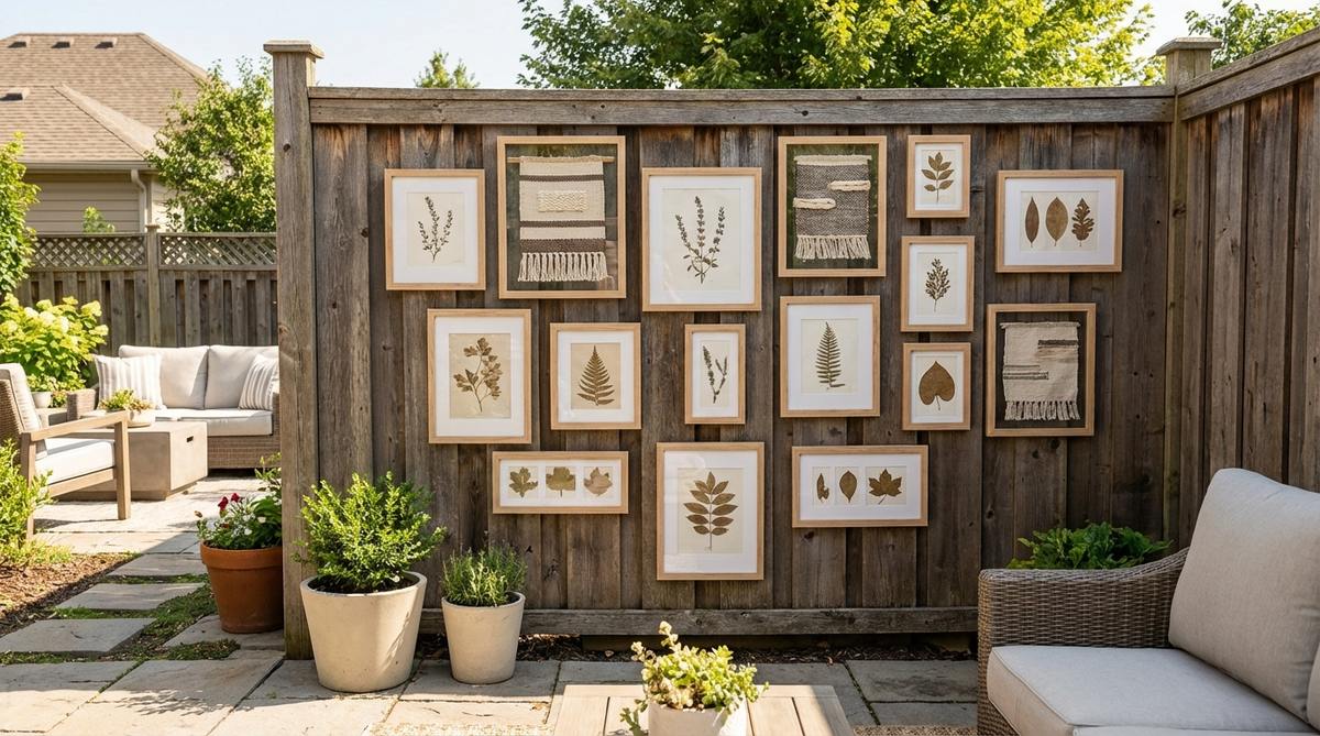 A modern boho gallery wall featuring natural wood frames in various sizes, displaying a curated mix of art, photographs, and textural elements like pressed botanicals and fabric swatches arranged organically.