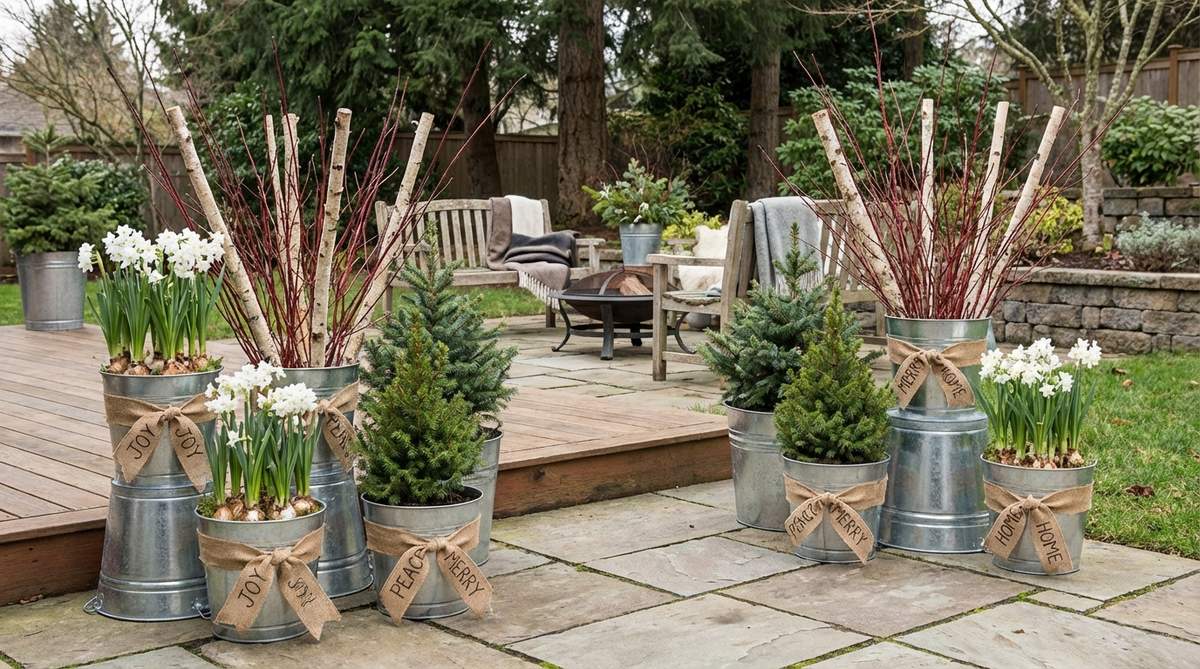 Clusters of galvanized metal buckets in varying sizes arranged as industrial-chic planters, filled with paperwhite bulbs, evergreens, or cut branches. Positioned in odd-numbered groups with some buckets inverted as risers, featuring metallic finishes that reflect light and burlap ribbon decorations with handwritten holiday messages.