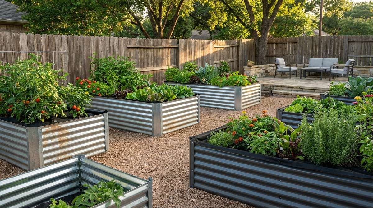 Corrugated steel garden beds with galvanized or painted finishes, showcasing an industrial-chic aesthetic and extreme durability. The metal construction resists warping and decay for decades, with reflective surfaces that amplify light to surrounding plants. Ideal for modern vegetable gardens when lined with food-safe barrier fabric.