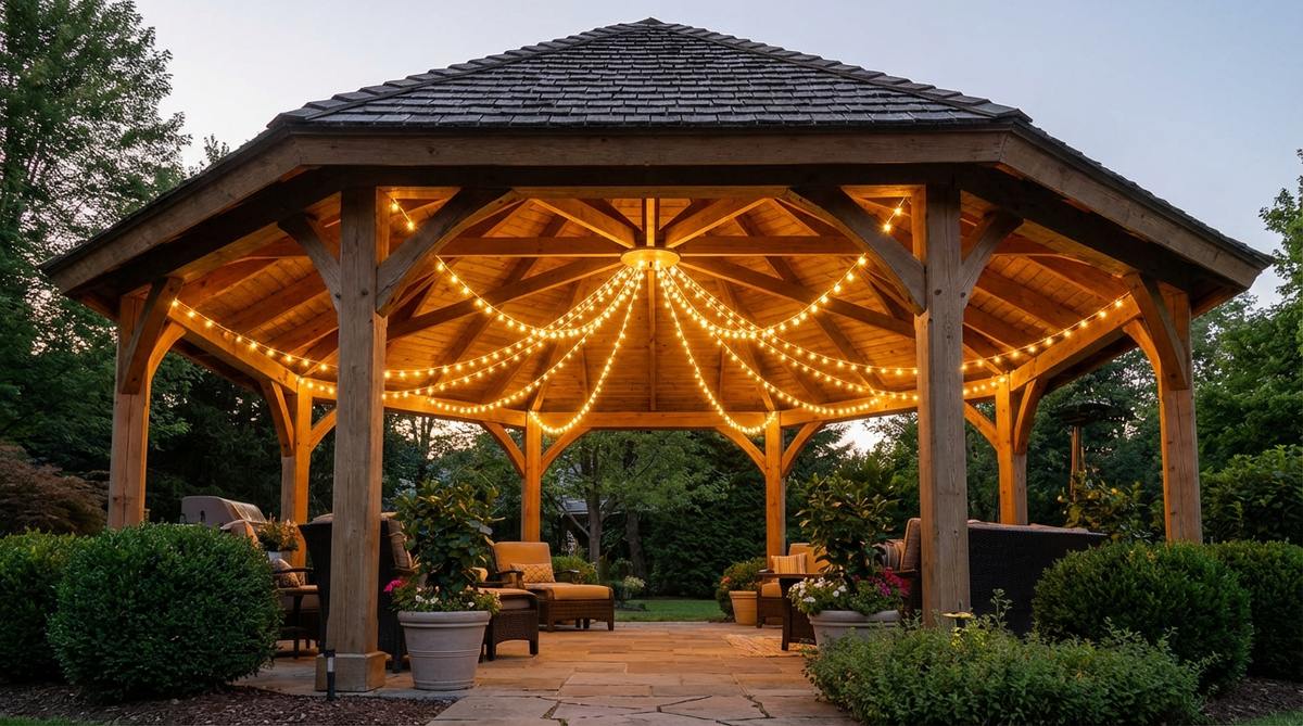 String lights draped in graceful swags from the center of a gazebo to perimeter posts, creating a dramatic radiating pattern that emphasizes architectural geometry with relaxed curves.