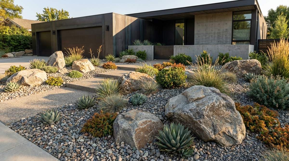 A contemporary front yard garden featuring a gravel and boulder composition with large anchoring stones and crushed stone expanses. Drought-tolerant plants emerge from gravel gaps near boulder bases, creating a mineral-forward landscape with texture and color variation that complements modern or industrial architecture.