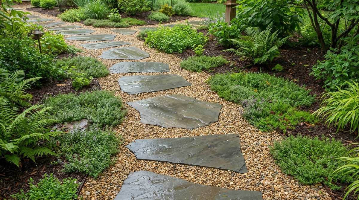 A stone garden mosaic pathway featuring large flat stones set in gravel fields, creating a stable walking surface with permeable edges. The arrangement shows stones positioned at regular intervals along primary walking lines, surrounded by smaller pebbles to fill the pathway width. This DIY-friendly design provides secure footing while allowing drainage and preventing mud accumulation, suitable for rainy climates and naturalistic garden integration with native groundcovers.