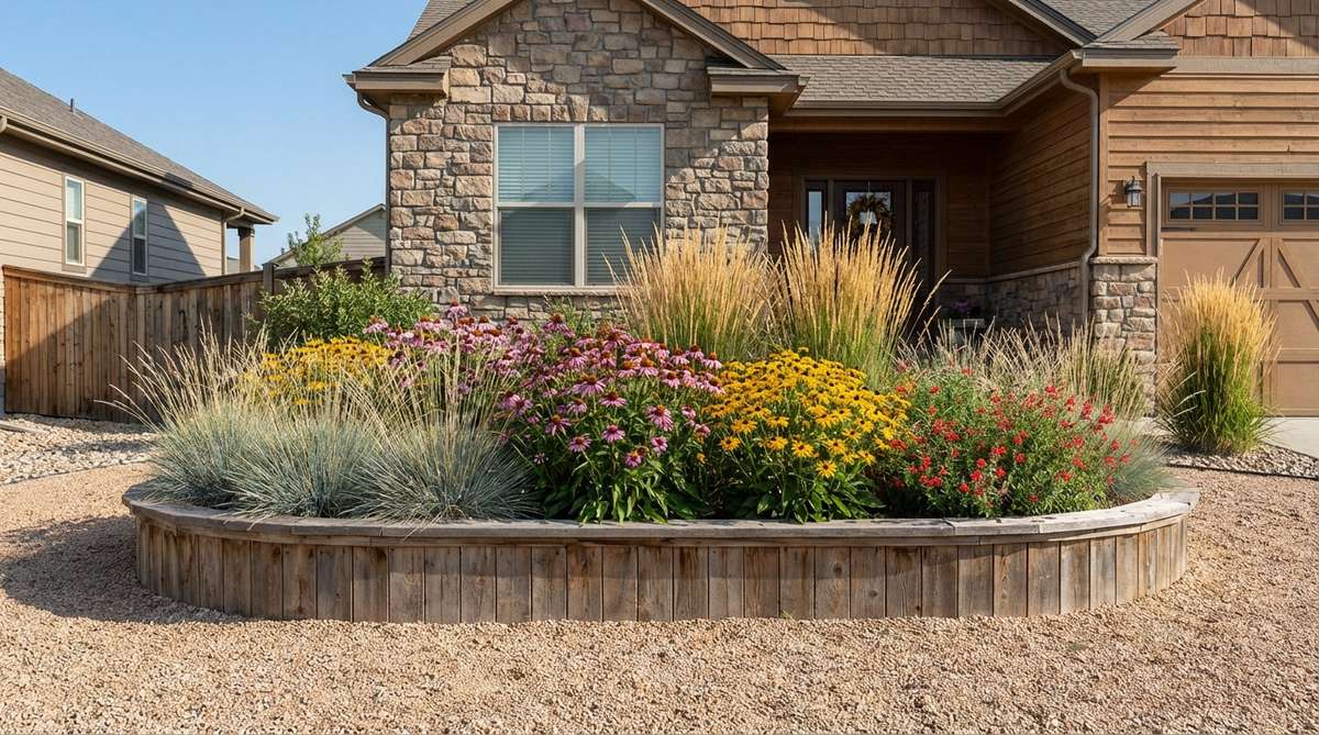 A raised oval or kidney-shaped island bed in a small front garden, surrounded by gravel to minimize maintenance. Features drought-tolerant grasses and colorful perennials arranged in flowing drifts, creating a low-upkeep focal point for minimalist yards.