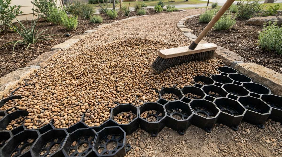 A close-up photo showing plastic grid pavers being installed for a gravel walkway. The honeycomb cells are filled with pea gravel, demonstrating how the grid system stabilizes the gravel while maintaining permeability. The image illustrates the construction process with panels snapped together and excess gravel being swept from the surface.