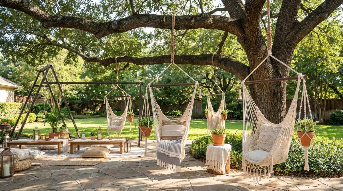 Suspended macrame swing chairs crafted from thick rope, creating a relaxing focal point for boho decorations at a party. Ideal for installation on sturdy tree branches or steel frames, these chairs provide a gentle swinging motion for guests.