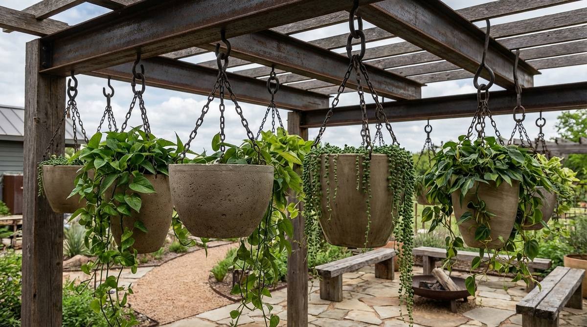 Industrial boho decor featuring ceramic or concrete planters suspended from exposed beams or ceiling hooks using industrial-grade metal chains. The hanging planters showcase trailing plants like pothos, philodendron, or string of pearls cascading downward, combining weighty chain hardware with soft, flowing plant material to maximize vertical space and create visual impact at eye level.