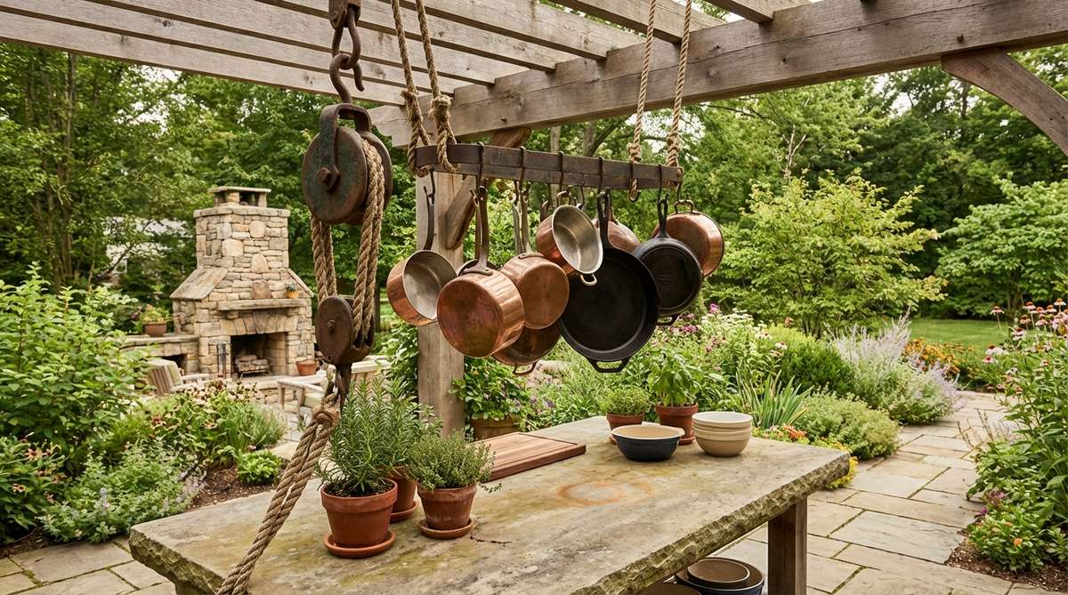 Antique barn pulley repurposed as a hanging pot rack with patinated metal and rope, suspended above a kitchen island with copper and cast iron cookware for western boho decor style.