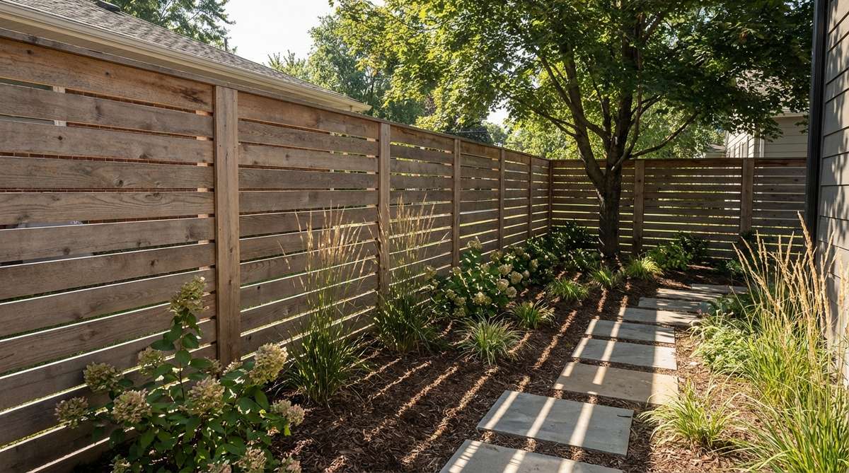 A contemporary garden fence featuring horizontal boards with consistent spacing, allowing light and breeze to pass through while defining property boundaries. The design includes layered shadows that change throughout the day, ideal for side yards where partial privacy is desired.