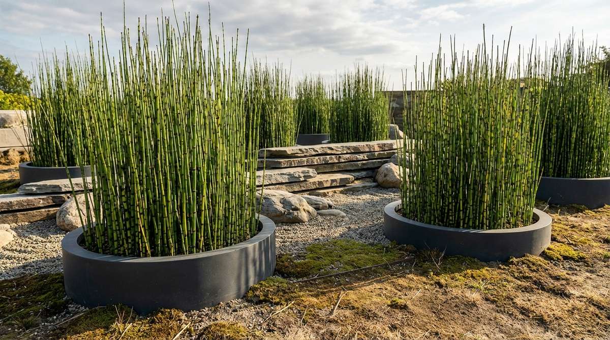 Equisetum hyemale (horsetail reed) with distinctive upright stems featuring horizontal banding, contained in sunken pots to prevent invasive spread. Multiple containers grouped together create vertical lines that contrast beautifully with horizontal stone arrangements in a zen garden setting.