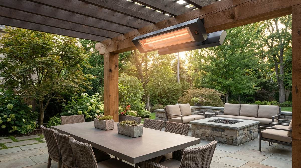 An infrared patio heater mounted to a structural beam, delivering targeted warmth for outdoor dining areas. The heater is positioned to direct heat toward seating while maintaining proper clearance from flammable materials.