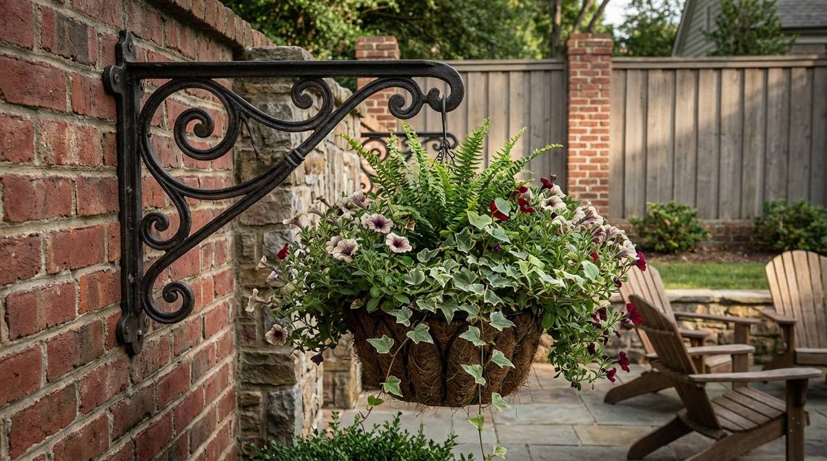 A wall-mounted iron bracket with decorative scrollwork supporting a hanging planter basket. The heavy-gauge iron construction provides sturdy support for loaded planters without sagging, adding vertical growing space and architectural detail to garden walls and fences.