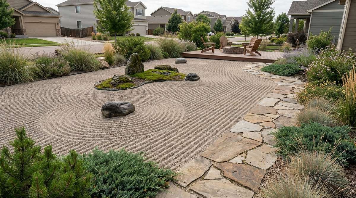 A zen garden sand pattern featuring concentric circles surrounding rock formations, with straight lines filling the remaining space. This traditional technique creates a clear distinction between focal objects and background, directing attention to carefully selected stones in temple gardens.
