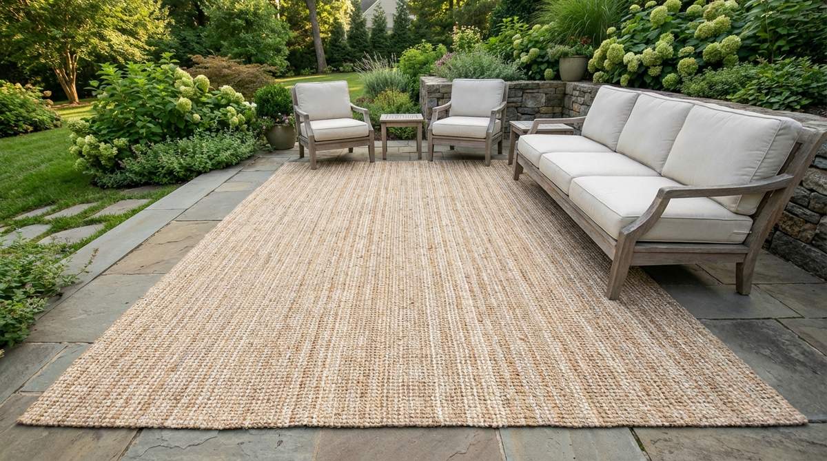 A natural fiber outdoor rug made of jute and sisal, featuring neutral tones and a flat weave construction. It is designed to ground seating arrangements, complement any color scheme, and resist moisture and mildew, ideal for summer outdoor decor.
