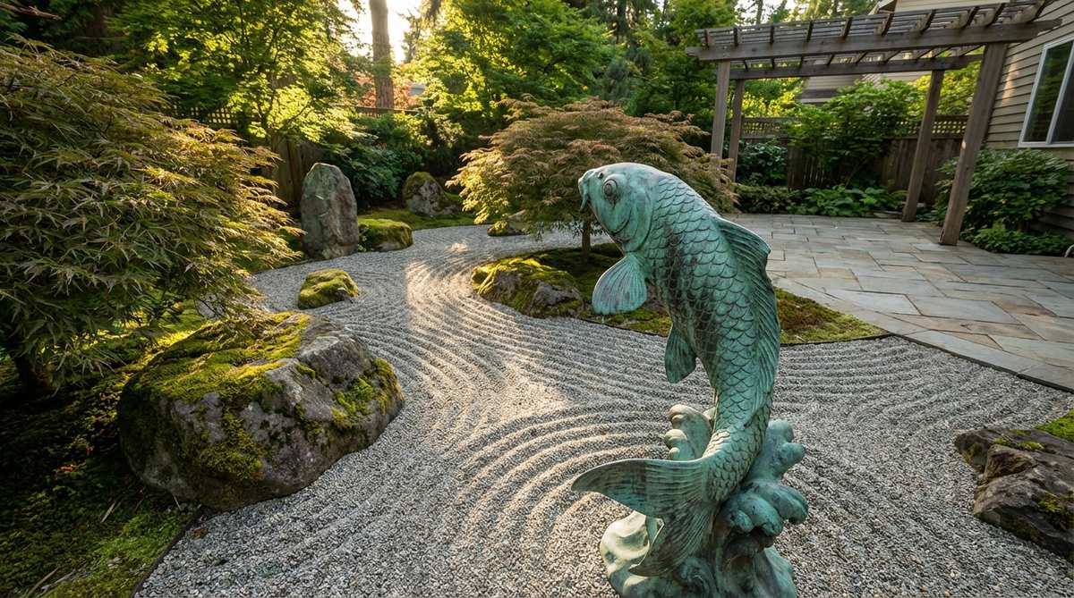 A bronze or stone koi fish sculpture, representing perseverance and determination, positioned in a Zen garden to symbolize overcoming obstacles on the path to enlightenment. The metallic finish develops a verdigris patina, suggesting aged bronze, and is placed to create dynamic movement in gravel streams.
