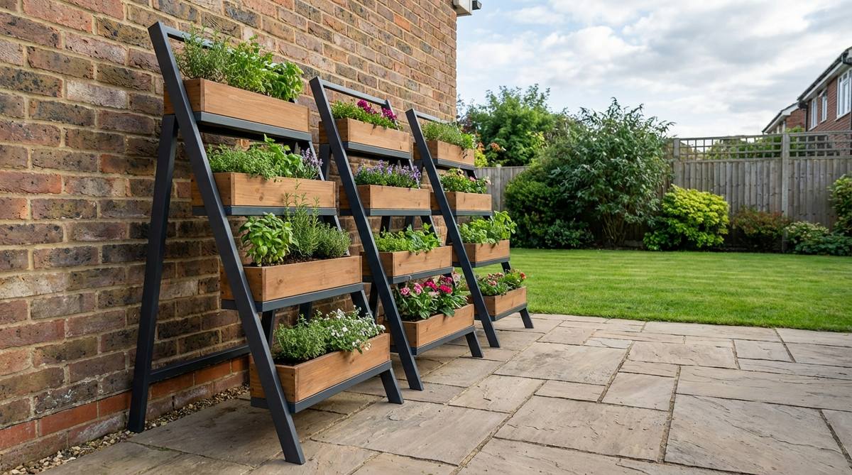 A-frame ladder planters in powder-coated metal with four to six planting tiers, leaning against a wall for versatile outdoor decor without permanent installation.