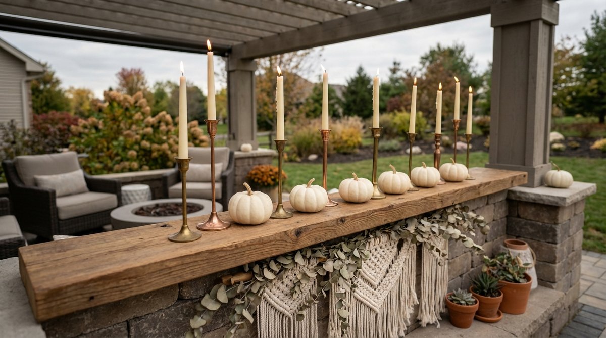 A clean, modern bohemian Halloween decoration featuring a straight line of seven to eleven small white pumpkins evenly spaced on a mantel or shelf, with brass or copper candlesticks placed between them for warm metallic accents, creating a geometric and visually dynamic horizontal arrangement.