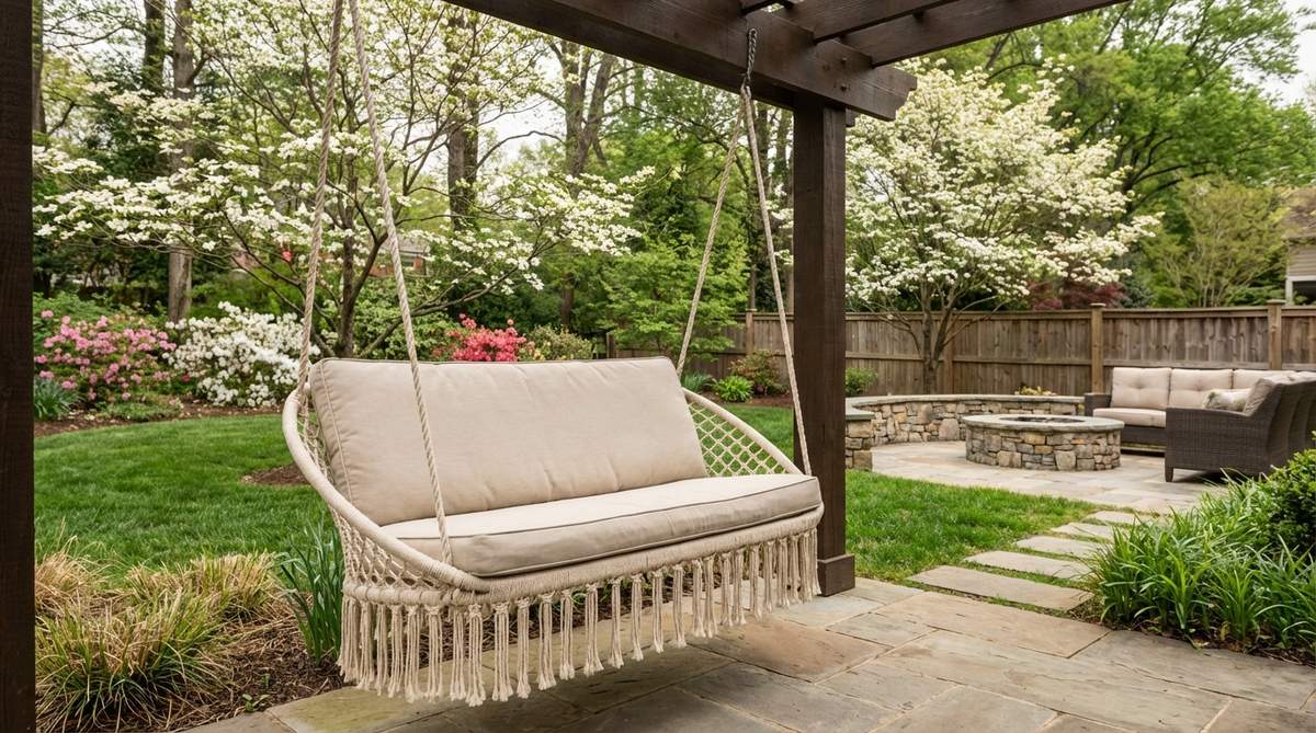 A handwoven macrame swing chair in natural cotton, providing bohemian texture and functional seating for outdoor decor in spring. It is shown hanging from pergola beams at 18 inches off the ground, with a weather-resistant cushion for added comfort.