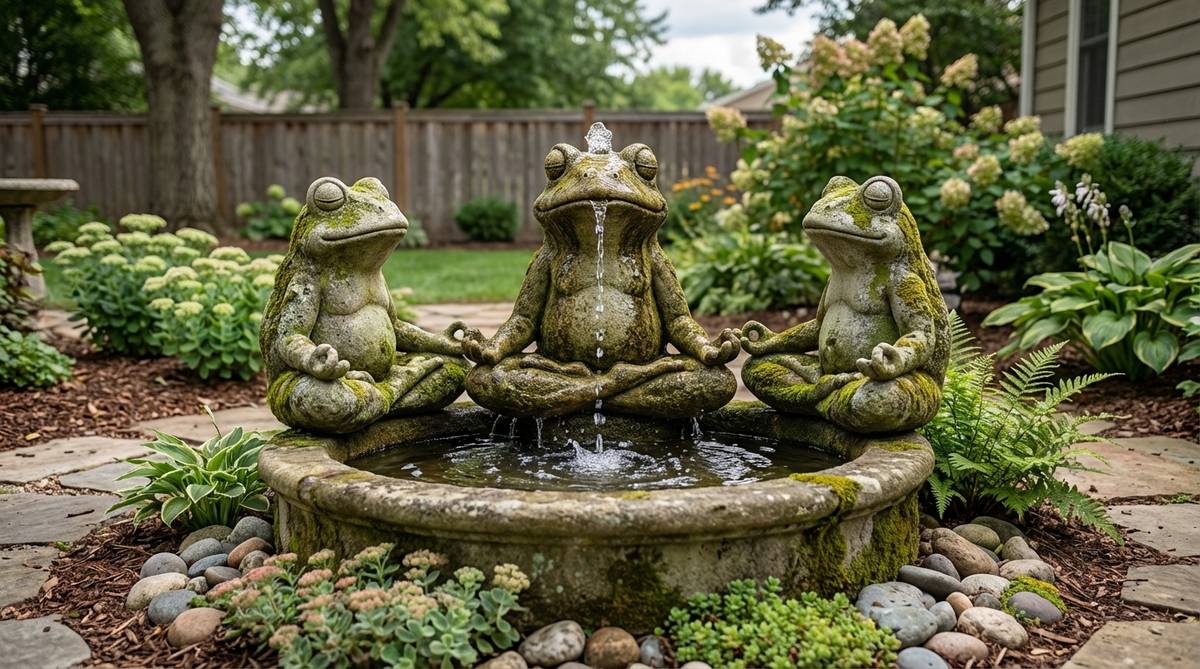 Three cast stone frogs in meditation poses form a whimsical water feature fountain base, with water bubbling from the central frog's crown and flowing around all figures before collecting in a shared basin. This playful interpretation of traditional zen garden water features adds lighthearted charm while maintaining contemplative themes, with moss coverage enhancing the organic appearance over time.