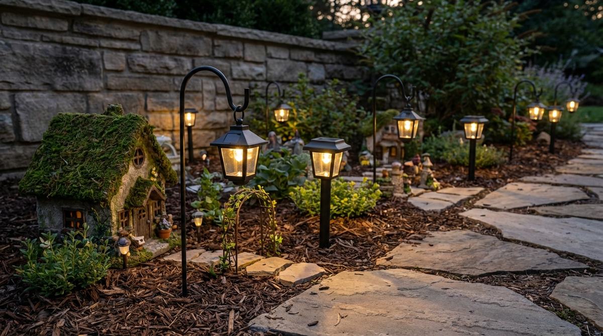 Scaled lamp posts with LED bulbs designed to stake into soil along fairy garden pathways or near entry features. These miniature lamp posts provide functional lighting that enhances architectural details in fairy gardens. Models include shepherd's hook designs for Victorian themes and straight posts for modern aesthetics. Perfect for installation at transition points where pathways turn or to highlight focal structures. Solar-powered versions available for convenient, wire-free evening illumination.