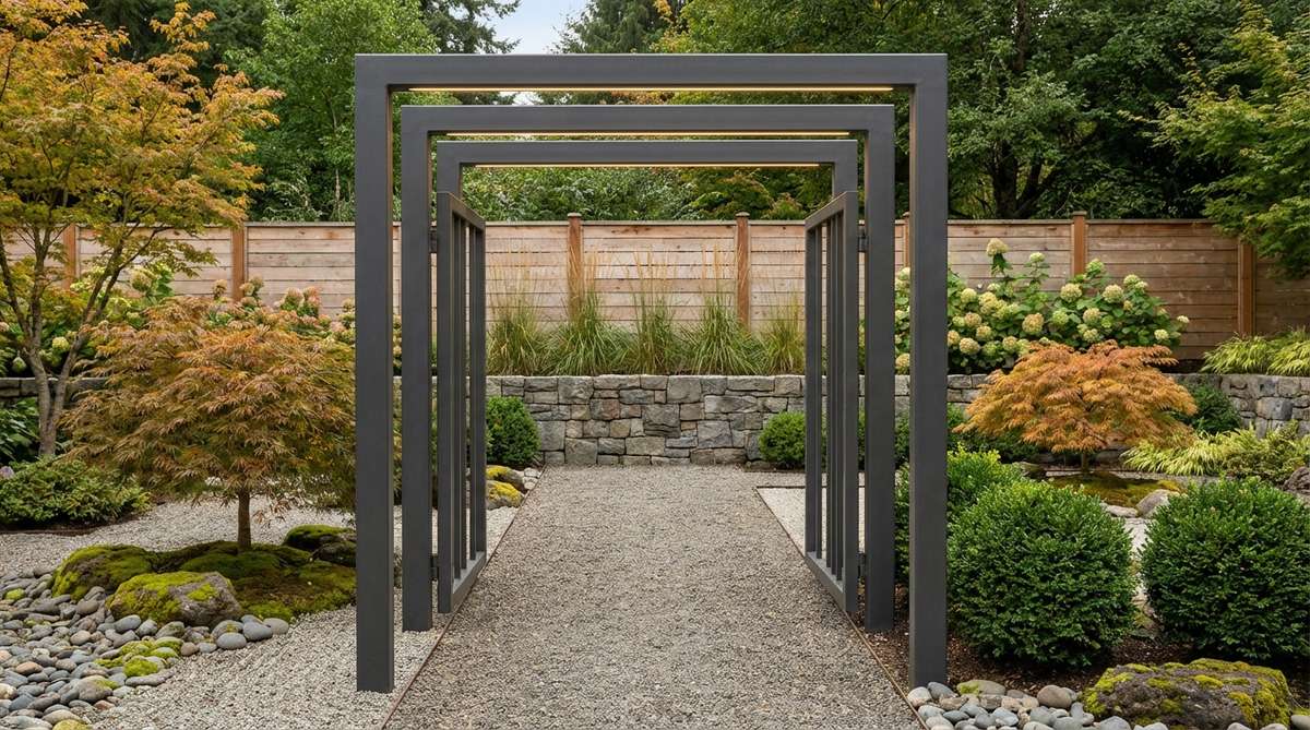 A minimalist steel gate frame with charcoal-coated square tubing, serving as a modern alternative to traditional torii gates in a Japanese garden. The geometric design features clean lines and proportions that complement contemporary architecture, with integrated LED strip lighting in the upper beams for subtle evening illumination.