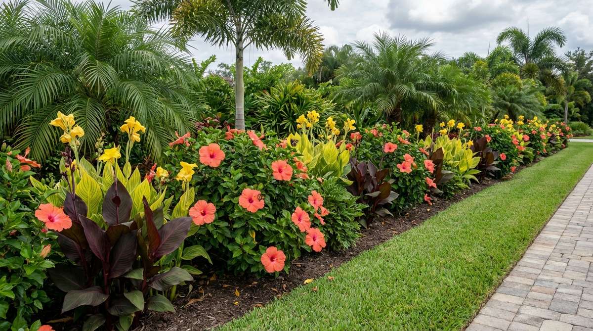 A vibrant tropical garden border featuring hibiscus plants with large, colorful blooms in waves, complemented by palms and foliage plants. The design showcases cohesive color schemes with coral hibiscus, yellow cannas, and burgundy elephant ears, attracting pollinators and providing months of low-maintenance color.