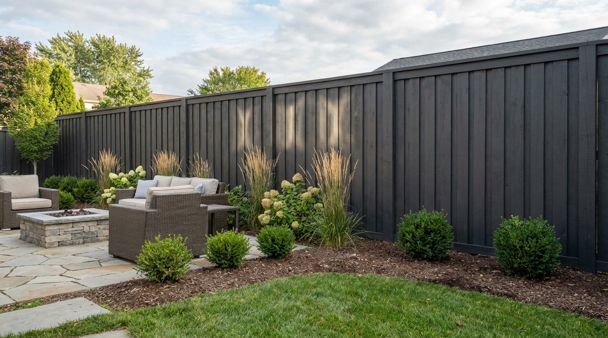 A contemporary board-on-board fence featuring overlapping vertical boards for solid privacy, with wide boards and simplified trim for a streamlined appearance. Stained in modern grays or charcoals to enhance visual refinement.