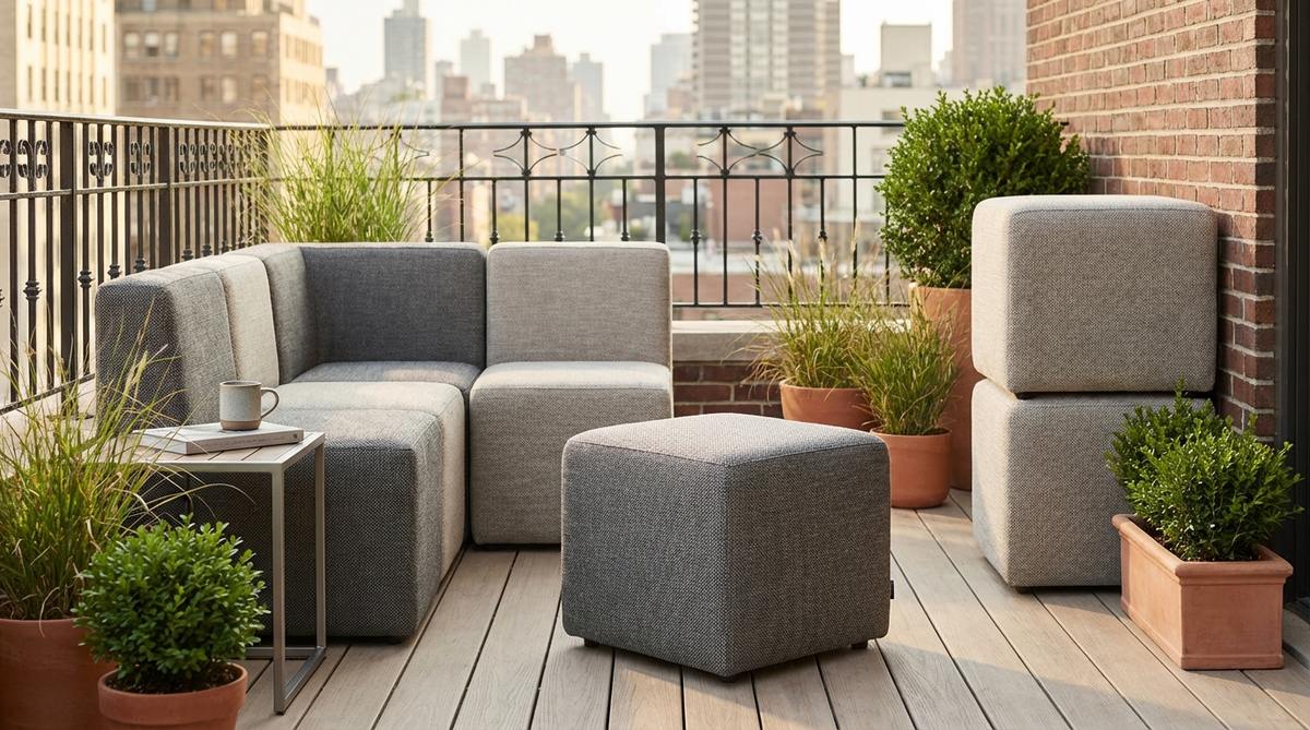 A versatile modular pouf seating system designed for urban balconies, featuring lightweight, weather-resistant polyester upholstery in neutral colors like gray, beige, or navy. The individual 18x18 inch poufs can be arranged in various configurations or stacked for easy storage, offering flexible seating, ottoman, or side table options.