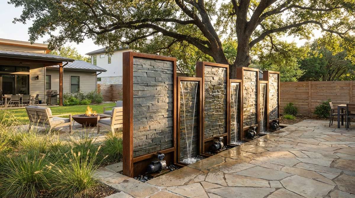 A contemporary modular water wall system with interconnected panels, showcasing customizable sizes and arrangements for gardens or architectural spaces, featuring independent operation for easy maintenance and expansion.