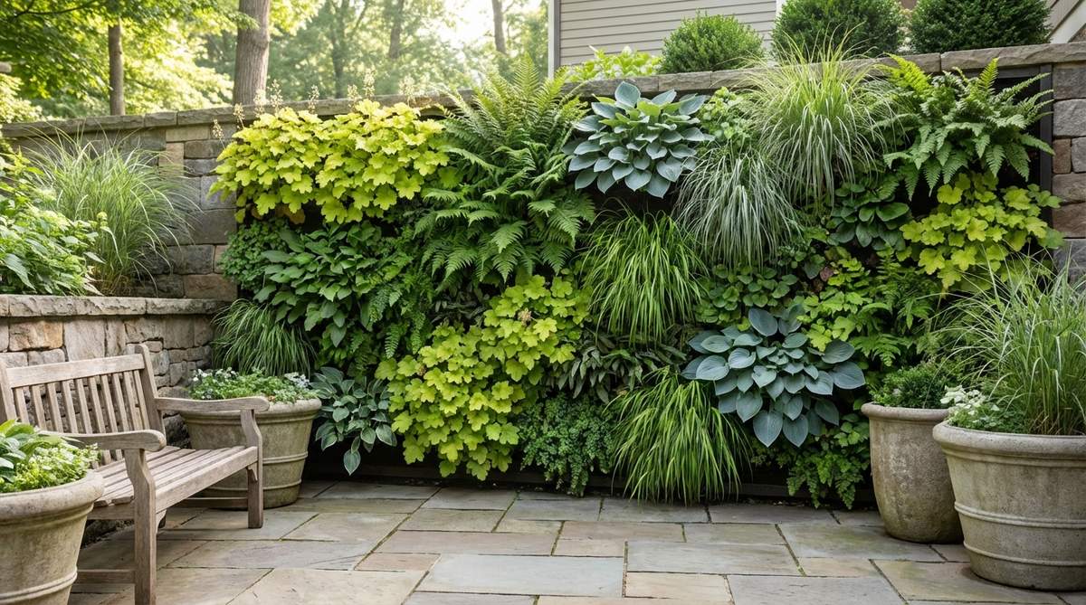 A sophisticated monochromatic green living wall featuring varied foliage plants including chartreuse heucheras, deep green ferns, and silvery-blue hostas. This modern minimalist garden display emphasizes plant form and texture over floral colors, with architectural plants like ornamental grasses adding linear elements to the composition.