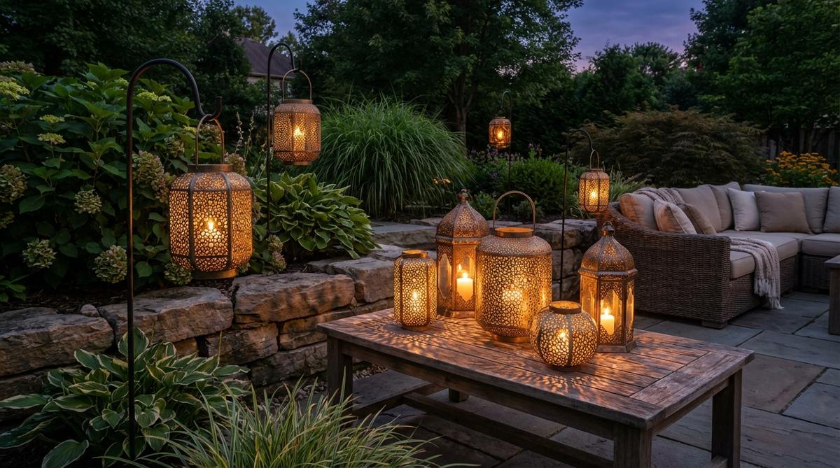 A collection of pierced metal Moroccan lanterns in varying sizes, clustered on a table and hanging from shepherd's hooks, casting intricate shadows to create a magical evening ambiance in boho decor style.