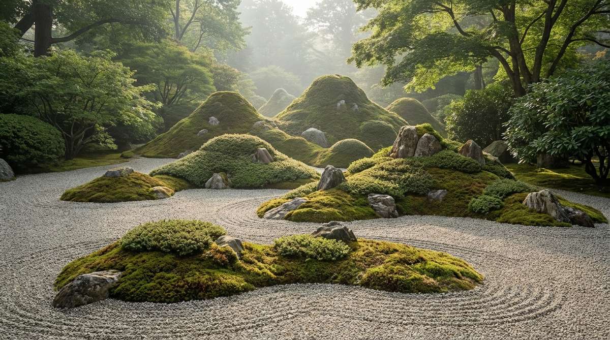 An image depicting multiple mounds of varying heights in a Japanese Zen garden, arranged to suggest a mountain range receding into the distance. Lower mounds in the foreground and taller mounds behind create a counterintuitive scale reversal using atmospheric perspective principles, adding remarkable depth to confined spaces and evoking vast landscapes.