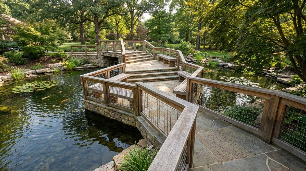 A multi-level terraced bridge in a small garden setting, featuring stepped platforms at different heights that serve as both a crossing and viewing deck. The design includes built-in seating at landings, allowing visitors to pause and observe fish, water plants, or landscape vistas. The bridge spans a substantial water feature with proper railings and non-slip surfaces for safety.