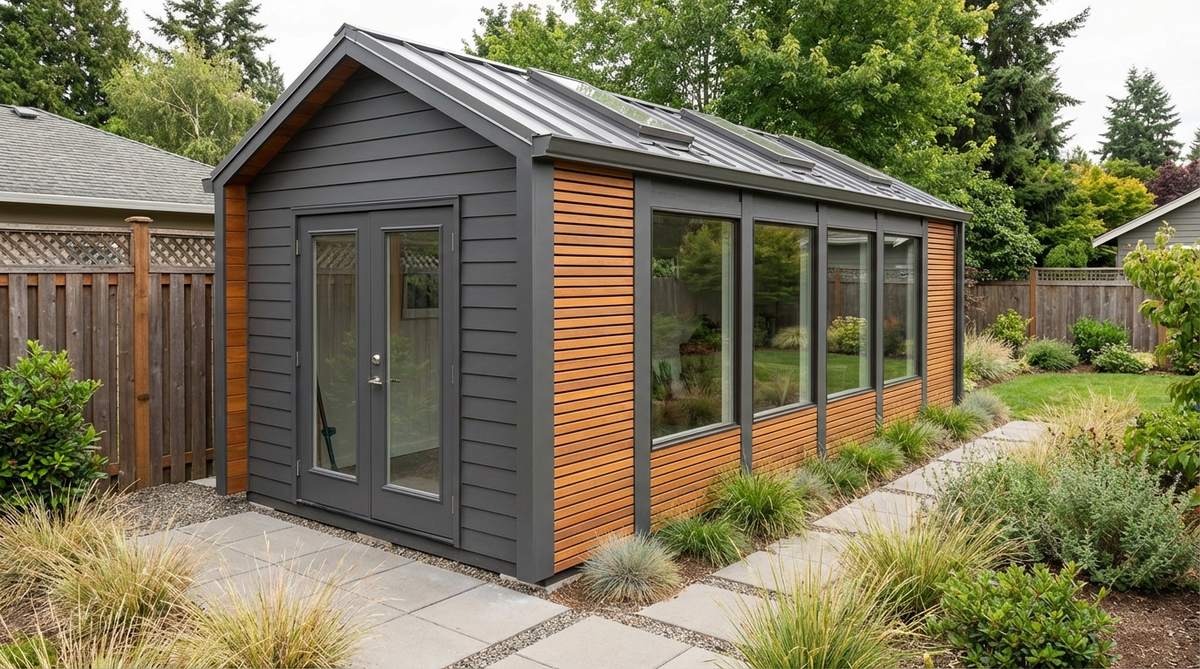 A contemporary narrow profile side yard shed measuring 6 feet wide by 16 feet long, designed for properties with limited backyard space. It features an entry on the short end, windows along both long walls, and skylights to provide ample interior illumination and prevent a claustrophobic feel, offering 96 square feet of functional storage space.
