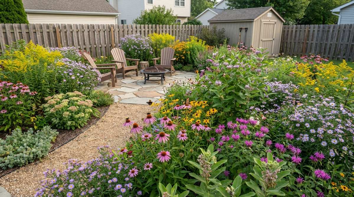 A vibrant small garden backyard featuring native pollinator plantings with staggered bloom times from spring through fall, supporting regional ecosystem health and providing continuous resources for pollinators.