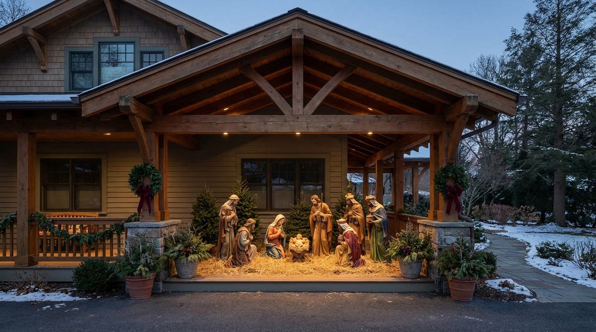 A traditional outdoor nativity scene installation under a porch overhang with subtle spotlighting for evening visibility, creating a peaceful Christmas display that honors religious symbolism.