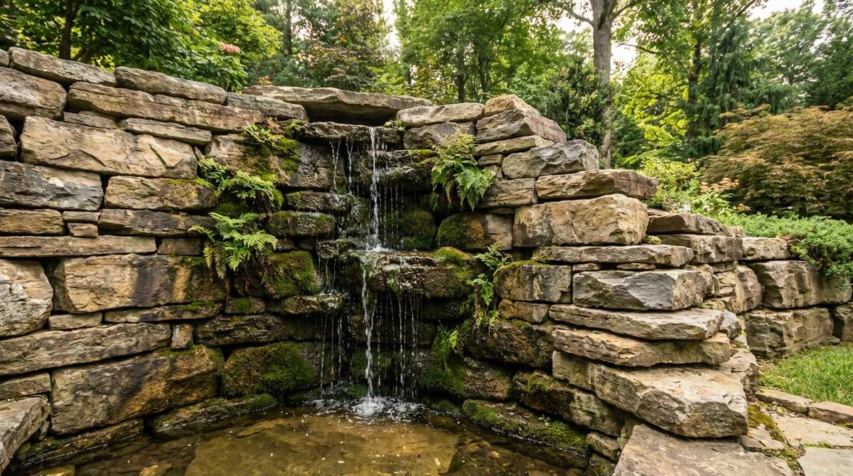 A stacked natural stone cliff face fountain with water seeping through gaps, creating varied trickling sounds. Features flat stones like flagstone or fieldstone arranged with intentional spaces for water flow, mimicking mountain spring formations. Ideal for enhancing garden aesthetics with ferns and moss in crevices.