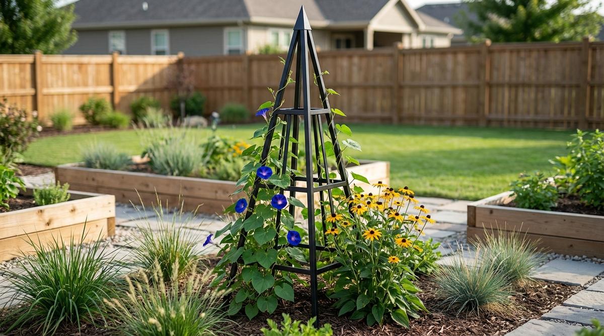 A freestanding metal obelisk tower trellis with a pyramidal form, featuring four-sided growing surfaces in a modern garden setting. The powder-coated finish resists weathering while maintaining clean lines, creating a vertical accent in planting beds or container gardens. Vines like morning glory or black-eyed Susan climb the structure, providing seasonal interest while the trellis itself offers architectural appeal during winter months.