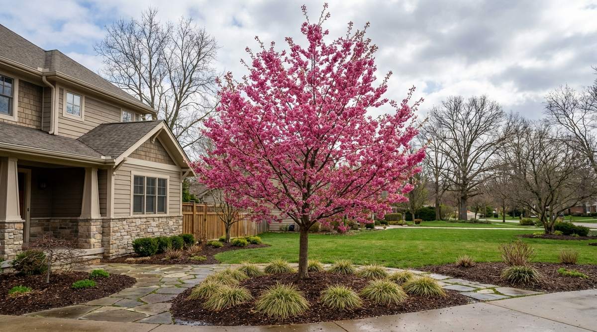 Okame hybrid cherry tree with carmine-pink flowers in early spring, featuring upright pyramidal form suitable for residential gardens. The tree displays excellent disease resistance and heat tolerance, with fall foliage transitioning to orange-red shades.