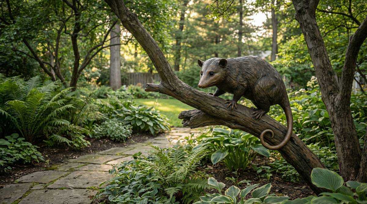 A realistic garden sculpture of an opossum perched on a branch, showcasing its distinctive pointed snout and prehensile tail. Ideal for wildlife enthusiasts and garden decor, this piece highlights North America's only marsupial and can be mounted on low branches or fence rails to enhance natural climbing aesthetics.