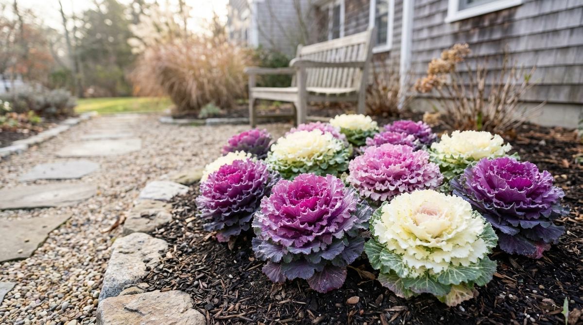 A close-up of ornamental kale plants in a small garden, showcasing their compact rosettes in vibrant purple, pink, and white colors that intensify in cold weather, with detailed leaves providing structure and winter interest.