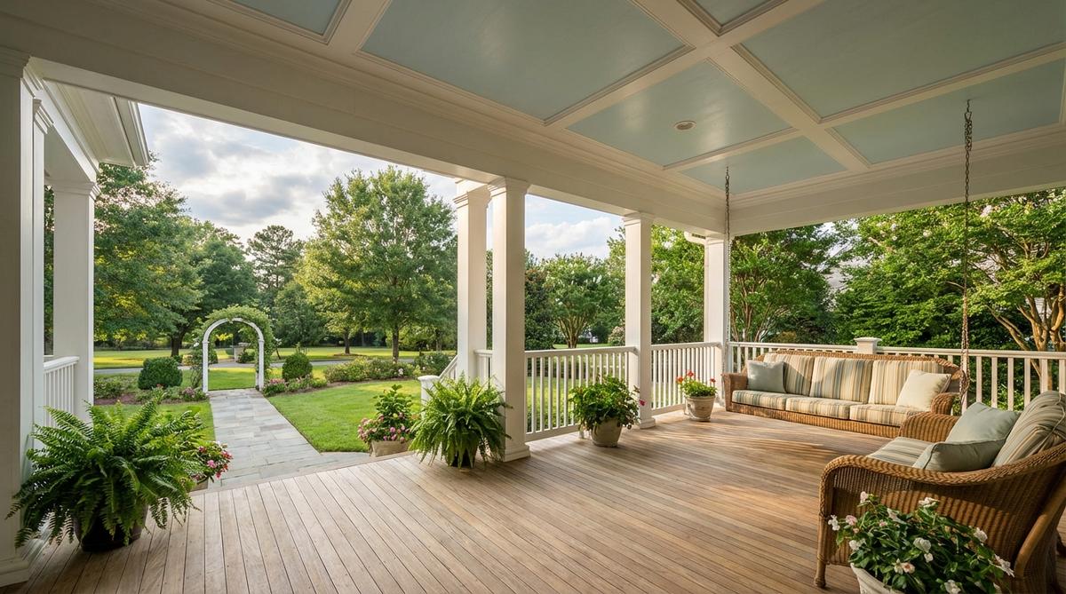 A painted porch ceiling in haint blue, a soft blue-green shade traditionally used in Southern outdoor decor to repel insects and create a bright, spacious feel by reflecting ambient light downward.