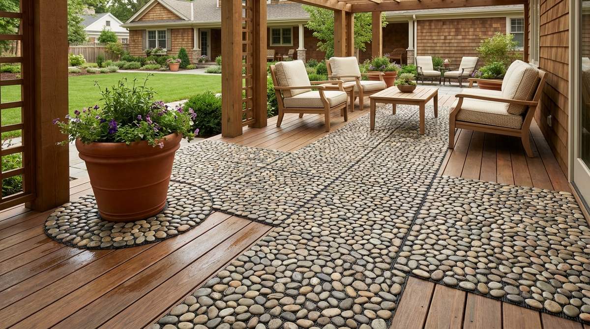 Natural stone pebble tile mats embedded in flexible mesh, creating spa-like surfaces with superior drainage. Perfect for balcony decor, these mats can be trimmed with scissors to fit irregular spaces. Ideal for high-traffic areas like entryways where wet shoes track water, providing slip resistance when wet.
