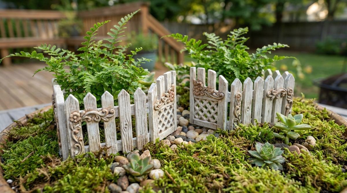 A detailed close-up of handcrafted polymer clay fencing for miniature gardens, showing sculpted pickets and ornate details, painted with acrylics and sealed for durability in terrarium environments.