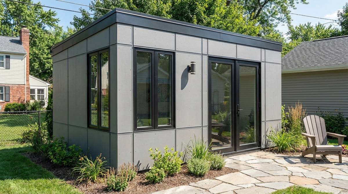 A modern prefab modular garden shed from the Signature Series, showcasing factory-built panels with precise weather-sealing, customizable windows and doors, and efficient assembly for quick occupancy as a workspace.