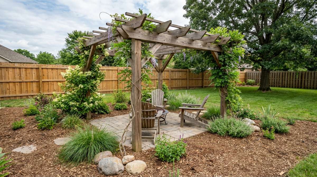 A small garden pergola made from pressure-treated pine lumber, showing the material's natural warm gray color that develops over time. The image demonstrates how this economical wood provides rot and insect resistance while being suitable for DIY construction with standard carpentry tools.