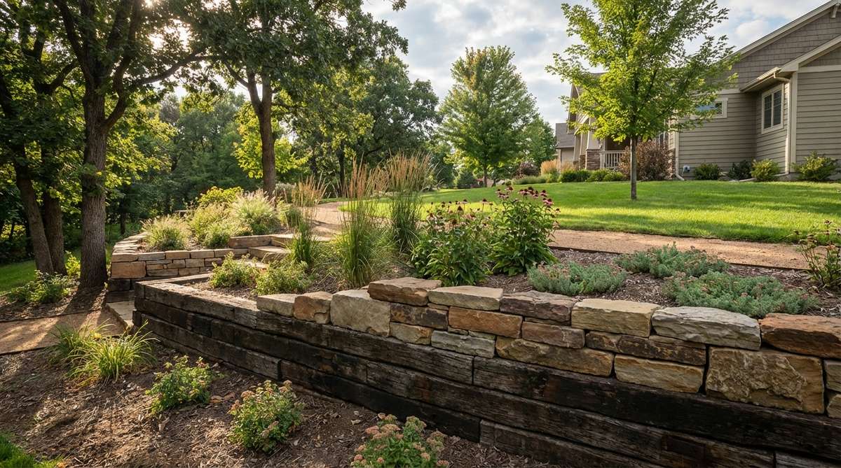 A garden wall featuring reclaimed railroad ties as the primary structure, with dry-stack stone faces providing a finished appearance. The wood handles soil contact while the stone weathers attractively above grade, anchored with rebar through pre-drilled holes. This budget-friendly approach is ideal for large-scale terracing projects where material costs significantly influence design decisions.
