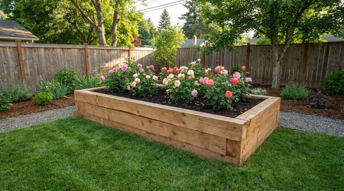 A raised timber frame bed constructed from rot-resistant lumber, showcasing improved drainage and bringing roses closer to viewing height. The elevated design is ideal for heavy clay soils or areas with poor drainage, featuring cedar or redwood boards and quality soil amended with compost for optimal rose growing conditions.