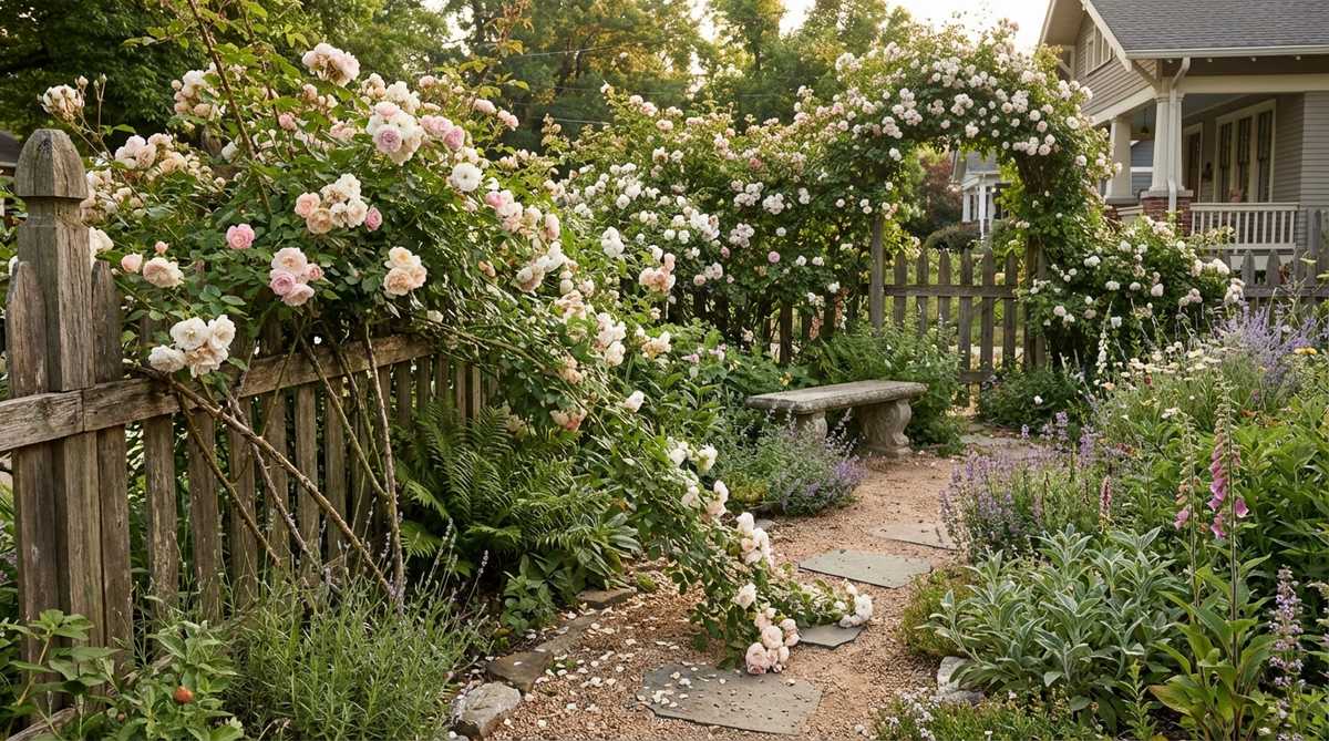 Old-fashioned rambling roses with long canes sprawling across a rustic fence in a bohemian garden setting, showcasing their natural growth habit and romantic cottage garden aesthetic with fragrant blooms.